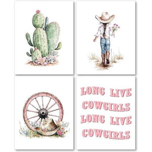 laveliabel Western Cowgirl Nursery Wall Art Prints Set of 4 Unframed, WesternNursery Decor, CowgirlRoom Decor, Long Live Cowgirl Western Poster WallDecor for Girls Room Dorm, 8x10 Inches