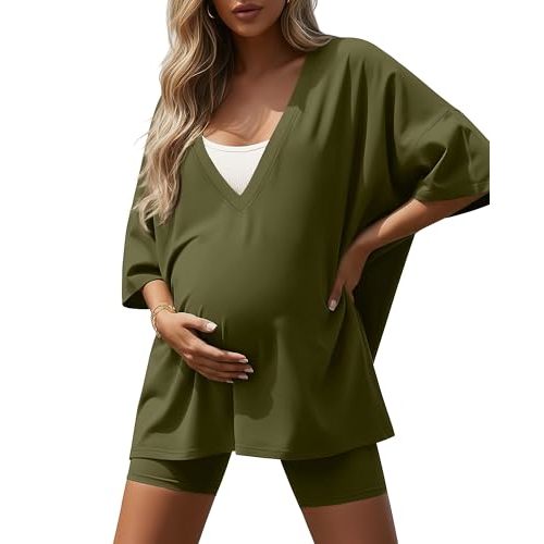 Women's 2 Piece Maternity Oversized Set | Pregnancy Shorts Set, Nursing Lounge Outfit, Cotton Pajama, V Neck Short Sleeve Shirt, Lightweight, Soft and Comfort Fabric