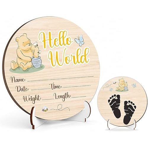 Winnie Baby Wooden Newborn Birth Sign, Winnie Hello World Newborn Signs, Babies Name Sign, The Pooh Baby Announcement Signs Photography Prop, Double Sided Hello World for New Mom Babies Party