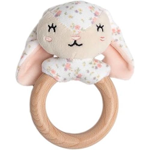 Pearhead Floral Bunny Wooden Baby Teething Ring, Natural Wood & Plush Infant Teether Rattle, BPA-Free Newborn Gum Soother, Easy-Grip Sensory Toy, 0 Months+