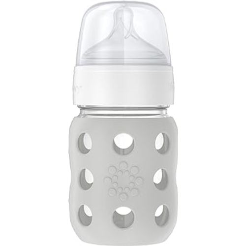 Lifefactory 8-Ounce Wide Neck Glass Baby Bottle with Protective Silicone Sleeve and Stage 2 Nipple, Stone Grey (LG2211WCG4)