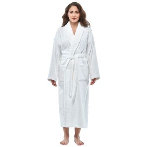 Arus Women's Turkish Terry Cotton Robe, Shawl Collar Bathrobe , White , Small/Medium
