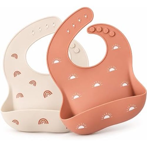 ROCCED Baby Silicone Bibs 2 Sets Baby Bibs with Food Catcher for Girls Boys Toddlers BPA Free Waterproof Soft Durable Adjustable for Babies-Shifting Sand/Pale Mauve