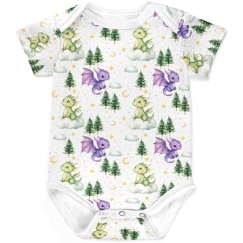 Fairytale Dragon Green Trees Baby Bodysuits Cute Dragons Moon Cloud Stars Pine Baby Romper Bodysuit
