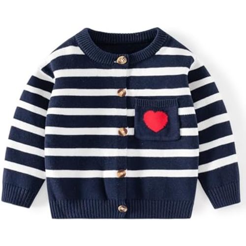 Winmany Toddler Cardigan Sweater Kids Striped Knit Button Down Sweater with Heart Pocket, Soft Cotton Cardigan for Girls Boys
