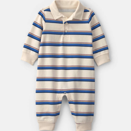 Baby Boy Striped French Terry Long-Sleeve Jumpsuit - Blue/Cream | Carter’s Oshkosh Canada