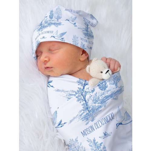 Personalized Blue Toile Duck Baby Swaddle Blanket, Customize with Infant Knotted Hat, Bundle Options