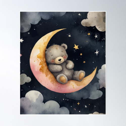 Sleepy Bear On The Moon 2 (Blue Background) Poster Wall Art, Modern Wall Decor, 24x36 UNFRAMED