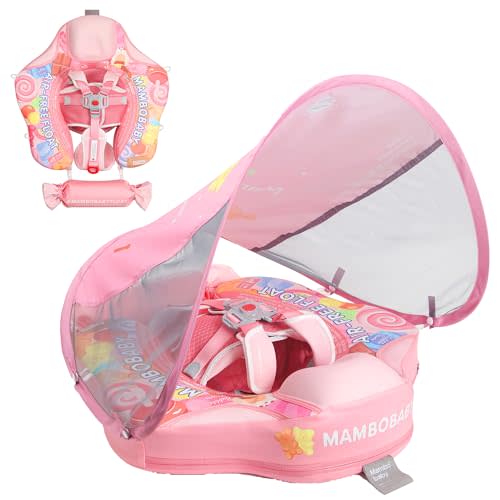 Mambobaby Float with Canopy Removable Baby Swimming Pool Float Non Inflatable Baby Safety Float Upgraded Tail Soft Skin-Friendly Material Swim Float for Toddler Infant 3-24 Months, Candy