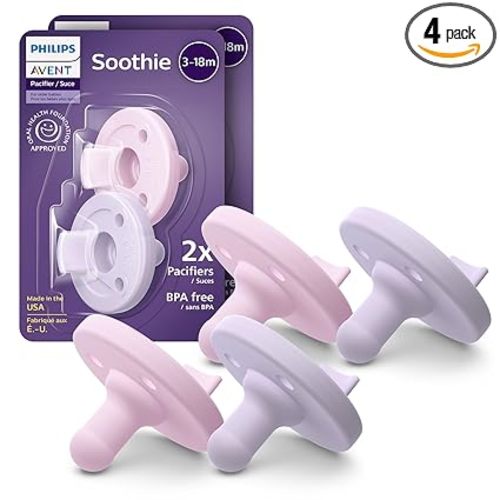 Philips Avent Soothie Baby Pacifiers - 100% Silicone Pacifiers for Babies 3-18 Months, One-Piece Design, BPA-Free, Extra Durable, Lilac and Pink, 4 Pack, Model SCF192/70
