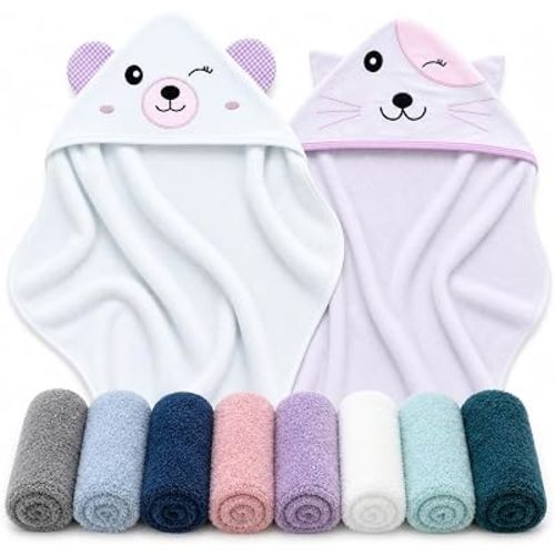 Cute Castle 2 Pack Hooded Baby Towel Rayon Made from Bamboo with 8 Washcloths - Soft Bath Towel for Bathtub for Babie, Newborn, Infant, Natural Baby Stuff Towel (Bear and Cat)