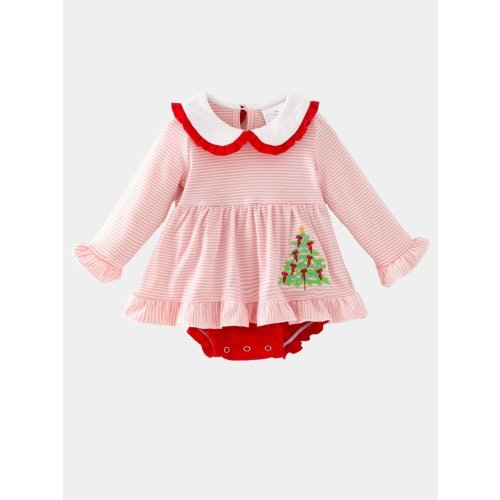Pink Stripe Christmas Tree Embroidered Baby Romper