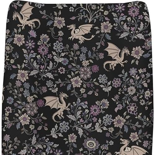 Fantasy Floral Dragons Changing Pad Covers for Baby Girls Boys Fairytale Dragon Gothic Black Purple Flowers Fitted Changing Table Cover Mats Myth Animal Soft Diaper Changing Table Sheets 32''×16''