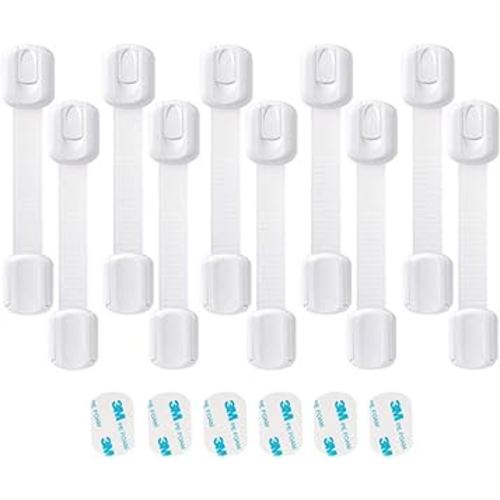 KAPOO Child Safety Locks for Cabinet, 10 Pack Baby Proofing Locks for Cabinets, Cupboards, Drawer, Fridge, Toilet and Closet with Free Extra 3M Adhesive, Adjustable Strap, No Drilling(10 Pack)