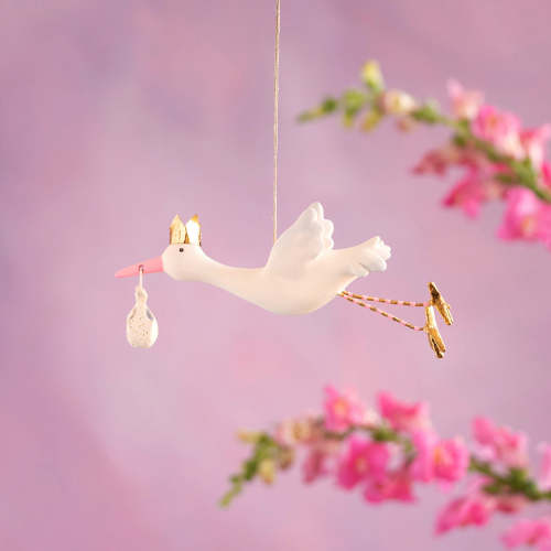 Flying Stork Ornament, Pink - Glitterville Studios
