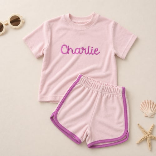 Custom Embroidered Organic Cotton Terry Shorts Set - Pink & Purple | Little Joy Co.