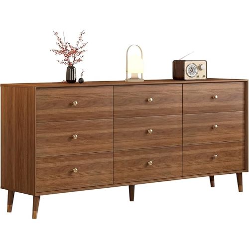 Mid Century Modern 9-Drawer Dresser, 63 Inch Wide Solid Wood Frame Chest, Walnut Finish, Beveled Design, Heavy-Duty Drawer Glides, Storage Cabinet for Bedroom, Living Room, TV Stand