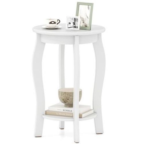 Costway 2-Tier Round End Table Narrow Sofa Side Nightstand w/ Storage Shelf & Wood Legs