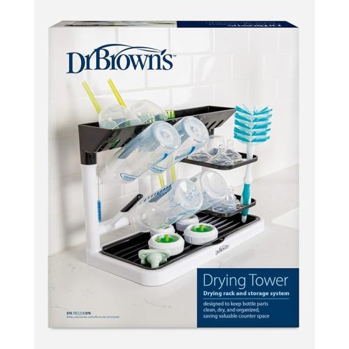 Dr. Brown's Drying Tower, Stand-Up Drying Rack, Countertop Baby Bottle Drying with Organized Storage for Baby Essentials, Space Saving Vertical Rack, Black/White