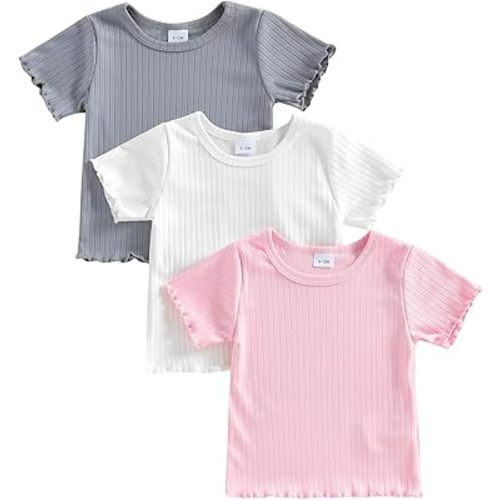 3 Pack Kids & Toddler Baby Unisex Puff Sleeve Shirt, Girl Boy Crewneck Cotton T Shirt, Pure Color Basic Tees 6M-5Y