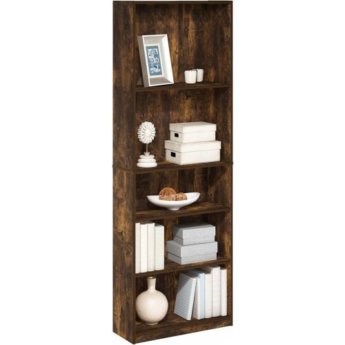Furinno JAYA Book Shelf, 5-Tier Bookshelf, Bookcase with Adjustable Shelves, 9.5" x 24.5" x 71.2", for Organization and Storage, for Living Room, Bedroom, Home Office, Amber Pine