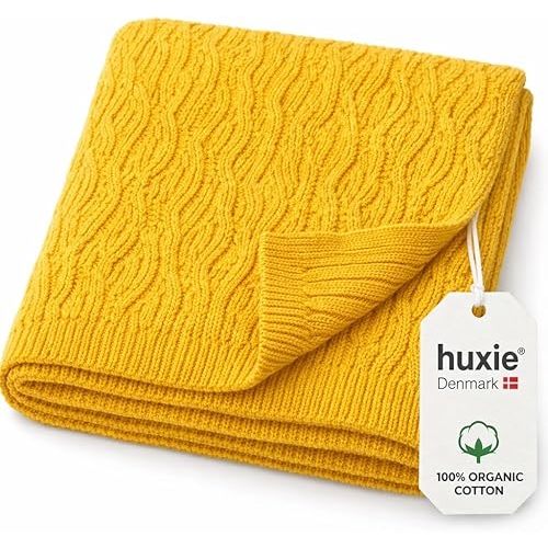 Knitted Organic Cotton Baby Blanket- Swaddle Blanket, 30" x 40" Soft Receiving Blanket for Newborn (Waves-Yellow)
