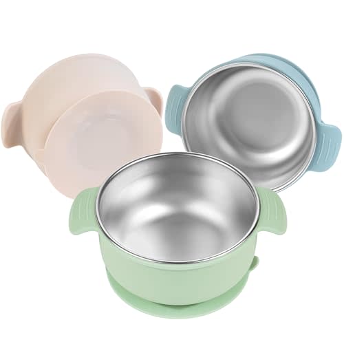 Stainless Steel and Silicone with Suction Baby Bowls 3 Packs 4.3” Kids Feeding,Non-Toxic&Lead-Free&Mess Free Toddler Bowl Set,Dishwasher Safe&Extra Strong Base&Fit Highchar Size,beige green blue