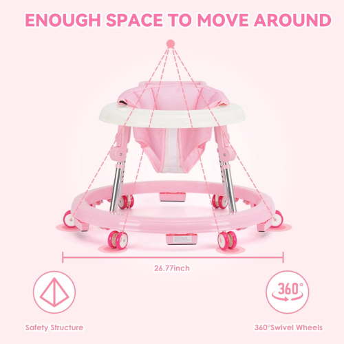 Baby Walker, Portable/Foldable/9 Adjustable Heights/With Wheels/Anti-Rolling, For Babies 6-12 Months,Pink