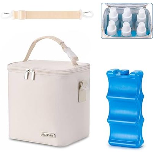 Breastmilk Cooler Bag with Ice Pack Fits 6 Baby Bottles Up to 9 Ounce, Baby Bottle Bag with Shoulder Strap for Nursing Mom Daycare, Cream