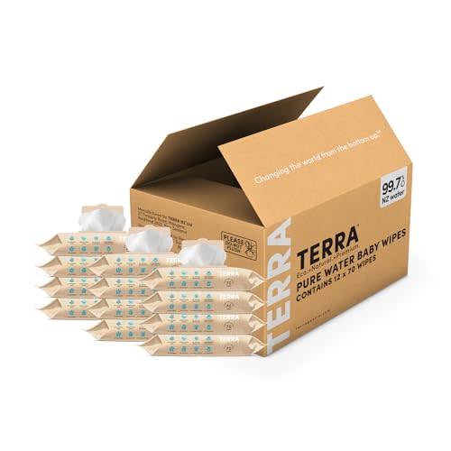 Terra Bamboo Water Baby Wipes: 99.7% Pure New Zealand Water, 100% Biodegradable Bamboo Fiber, 0% Plastic, Unscented Baby Wipes for Sensitive Skin, 12 Packs of 70 Wipes
