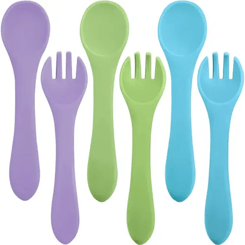 Nuenen 6 Pieces Silicone Baby Feeding Forks and Spoons Set Hot Safety First Stage Self Feeding Supplies Mini Kids Utensils for over 6 Months Babies Boy Girl Toddlers First Foods (Primary Color)