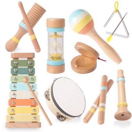 SUGIFT 9-Piece Wooden Musical Instruments Set for Toddlers, Montessori Baby Music Toy with Xylophone, Maraca, Drum, and More