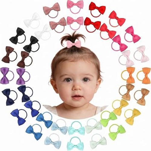 CÉLLOT 40Pcs 2 Inches Baby Bows Hair Ties Mini Boutique Hair Bows Durable Elastic Rubber Ribbon Hair Band Accessories for Toddlers Infants Kids Under 2 Years Old