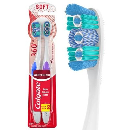 Colgate 360 Optic White Whitening Toothbrush - Soft - 2ct: Manual Full Head, Nylon Bristles, Plastic Handle