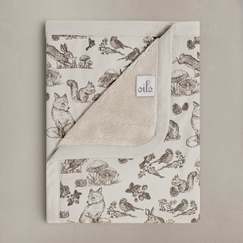 Oilo Baby Blanket, Luxury Plush Chenille Backing & Organic Cotton Jersey Print, Double Layered, 30" x 40", Rolled Jersey Edge Trim, Infant & Toddler Size, Heirloom Organic Collection, Woodland Animals