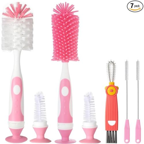 Ariseno 5-in-1 Baby Bottle Brush Set, Including Nylon and Silicone Bottle Brush, Cap, Straw, Nipple Brushes, BPA-Free (Pink)