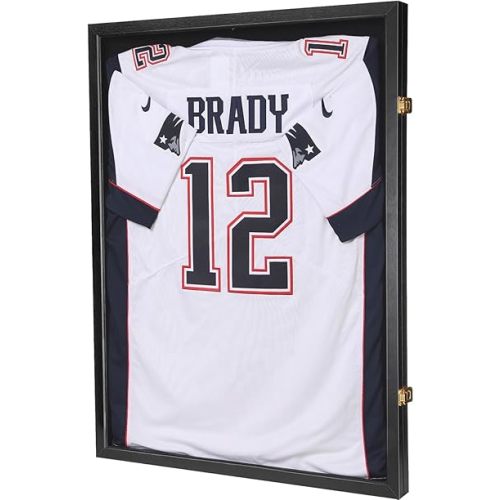 Jersey Wooden Frame Display Case -Shadow Box with 98% UV Protection Acrylic and Hanger for L or XL Baseball Basketball Football Hockey Sport Shirt and Uniform (Black, 1 Pack)