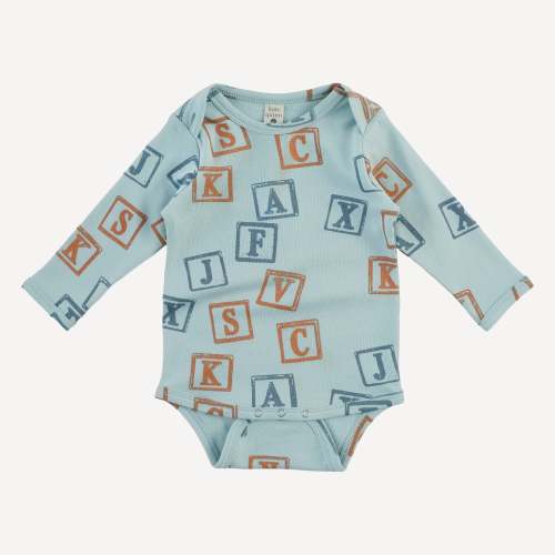 long sleeve lap neck bodysuit | blue alphabet | organic cotton interlo – kate quinn