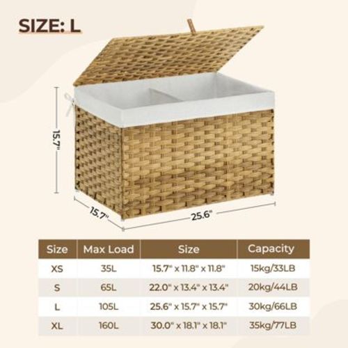 Greenstell Laundry Basket with Lid, Two Removable Inner Lining Bags, Two-compartment Garment Storage Basket, Natural