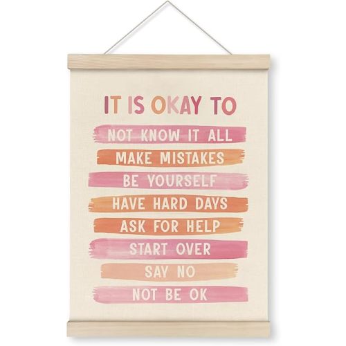 HRQKO It is Okay Pink Boho Poster Hanger Frame, Pink wall decor, Inspirational Posters Wall Art with Wooden Frames, Mental Health Wall Hanging Banner for Therapy Office Girls Room Nursery, 12x16 Inch