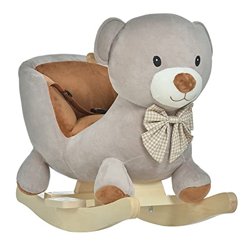 Qaba Kids Rocking Horse, Bear-Shaped Plush Toddler Ride on Horse with Sound, Wooden Base & Safety Belt for 18-36 Months, Gray
