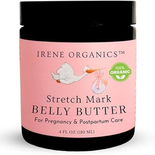 Organic Belly Butter for Pregnancy Stretch Mark Prevention and Treatment by Irene Organics - Award Winning Anti Stretch Mark Tummy Balm For Pregnancy and Postpartum 4oz - Hydrating Bump Cream