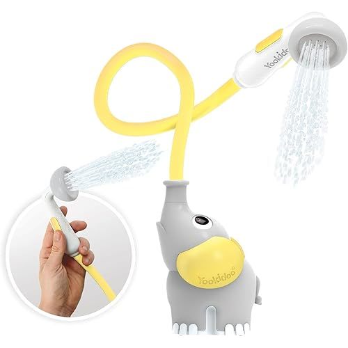 Yookidoo Baby Bath Shower Head - Elephant Water Pump with Trunk Spout Rinser - Control Water Flow from 2 Knobs for Maximum Fun in Tub or Sink for Newborn Babies (Yellow)