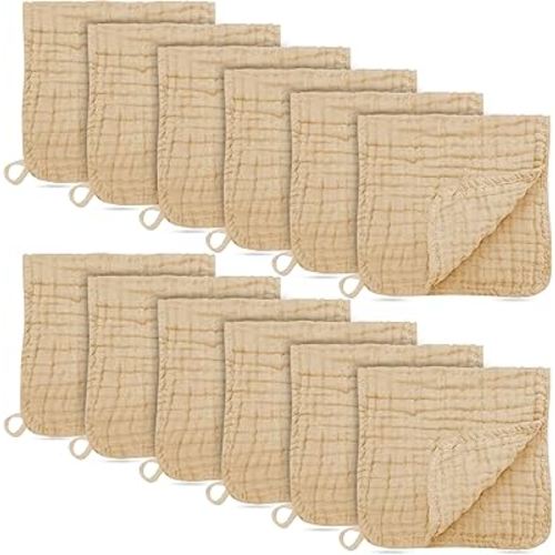 BAMBOO QUEEN 12 Pack Muslin Burp Cloths - Large 20" x 10", Ultra Absorbent 100% Cotton for Baby Drool and Messes - Soft, Gentle Baby Burp Rag for Boys & Girls -Brown