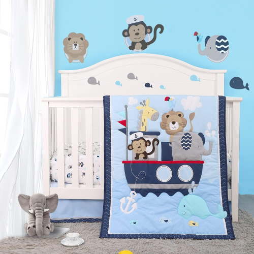 Elephant Lion Crib Bedding Set for Boys, 3 Piece Includes Quilt,Fitted Sheet,Crib Skirt, Blue Baby Nursery Set, Portable Standard Set(Nautical Theme)