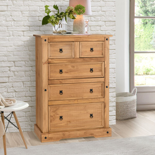 Millwood Pines Enye Farmhouse Wide Dresser 5 Drawer Chest For Bedroom, Solid Wood Rustic Style & Reviews | Wayfair