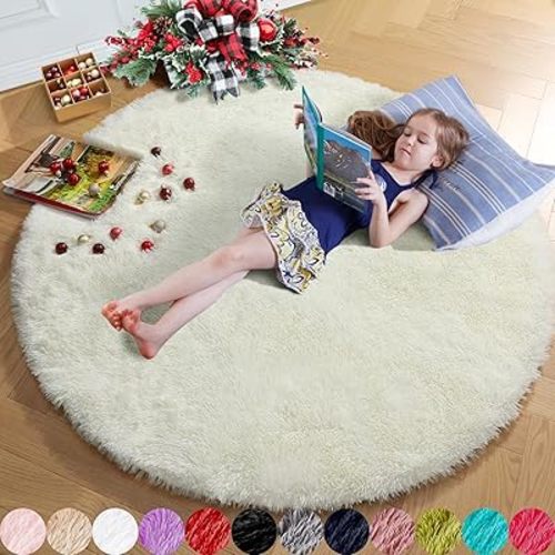 Amdrebio Ivory White Round Rug 5Ft for Bedroom Living Room Aesthetic, Washable Fluffy Fuzzy Circle Area Rugs for Kids Room Playroom, Circular Plush Soft Shaggy Cream Carpet for Dorm Teen Baby Nursery