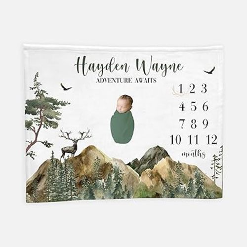 Customized Woodland Milestone Blanket, Mountain Forest Theme Monthly Tracker Blanket for Baby Boys, 12-Month Growth Calendar on Christmas Morning