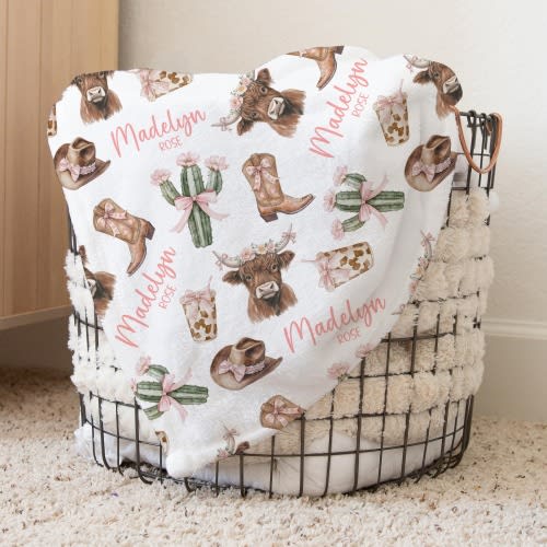 Custom Cowgirl Nursery Baby Name Blanket, Personalized Highland Cow Swaddle Baby Shower Gift, Western New Mom Hospital Blanket, Newborn Gift
