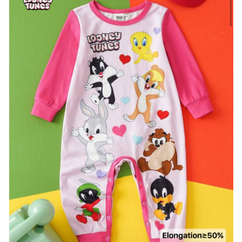 LOONEY TUNES X SHEIN Baby Girl Cute Animal Pattern Sweet Colorful Long Sleeve Jumpsuit Fall Winter